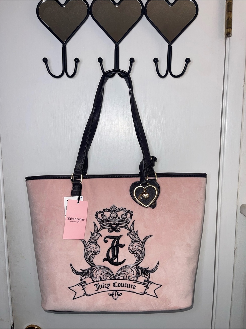 NWT Juicy Couture Pink Tote with Black Trim and Heart Charm